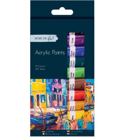 Work Of Art - 10 Colour Acrylic Paints, Large 12ml Tubes